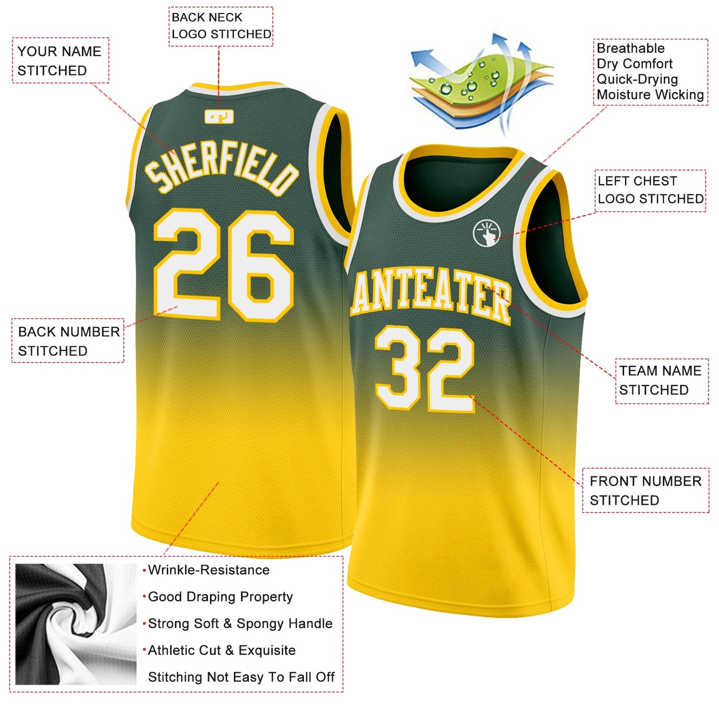 Custom Hunter Green White-Gold Authentic Fade Fashion Basketball Jersey - Sky-Custom
