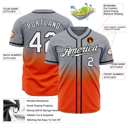 Custom Gray White Orange-Black Authentic Fade Fashion Baseball Jersey - Sky-Custom
