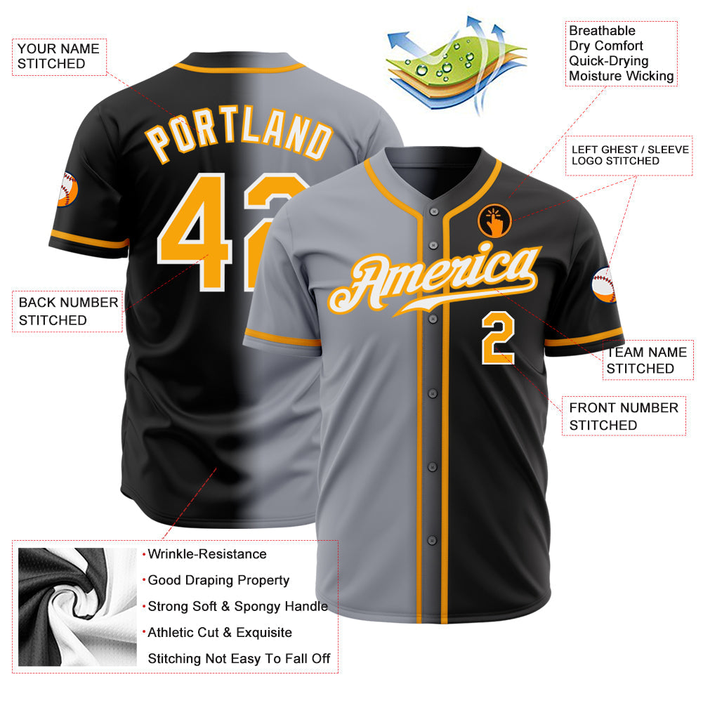 Custom Black Gold Gray-White Authentic Gradient Fashion Baseball Jersey - Sky-Custom