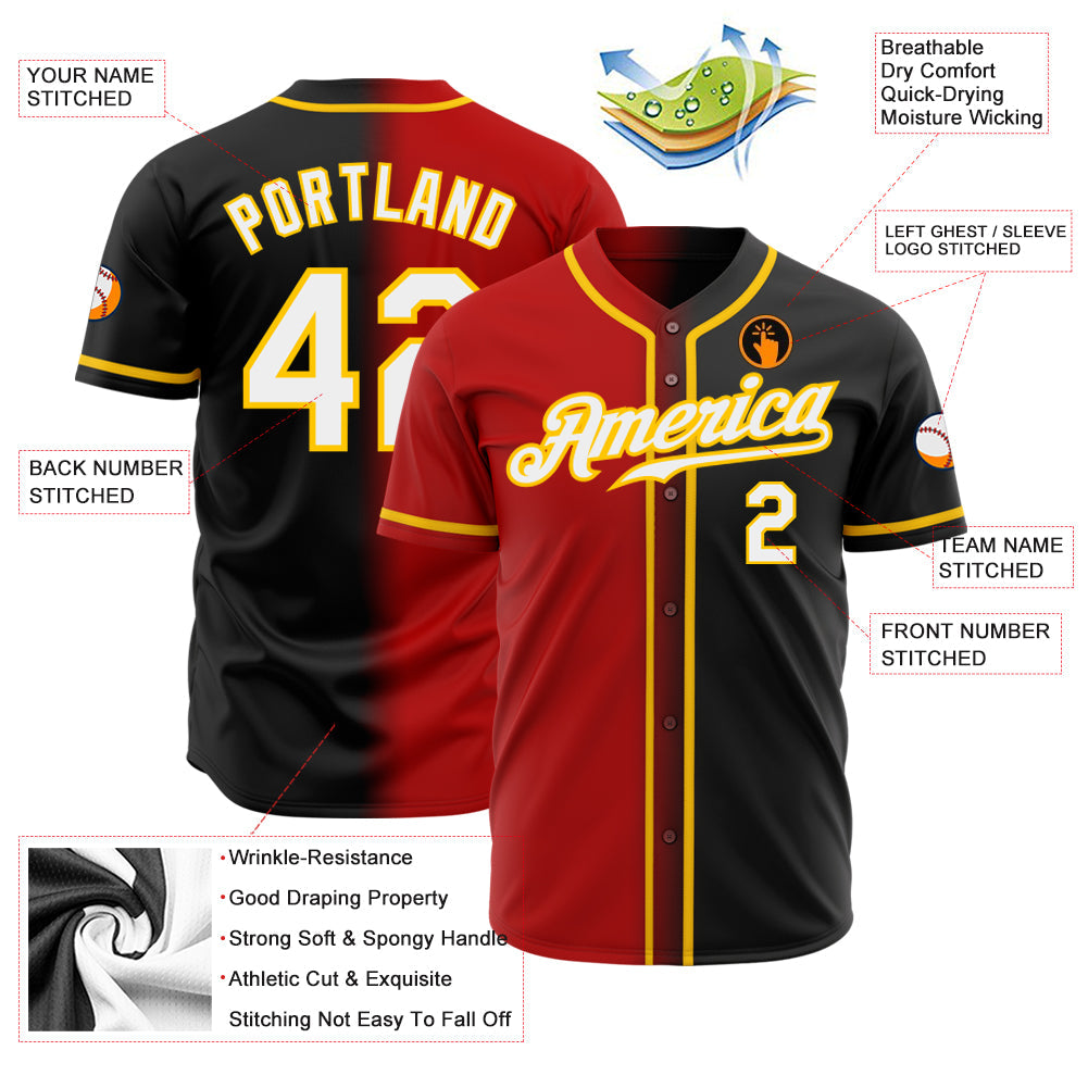 Custom Black White Red-Gold Authentic Gradient Fashion Baseball Jersey - Sky-Custom
