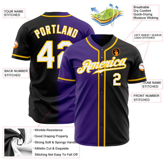 Custom Black White Purple-Gold Authentic Gradient Fashion Baseball Jersey - Sky-Custom