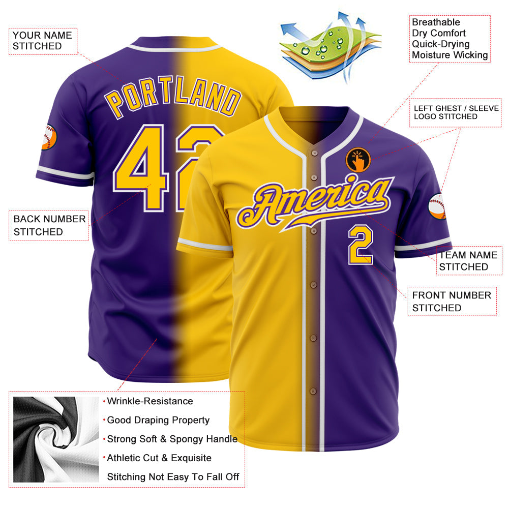 Custom Purple Yellow-White Authentic Gradient Fashion Baseball Jersey - Sky-Custom