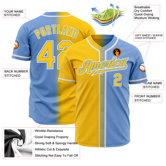 Custom Light Blue Yellow-White Authentic Gradient Fashion Baseball Jersey - Sky-Custom