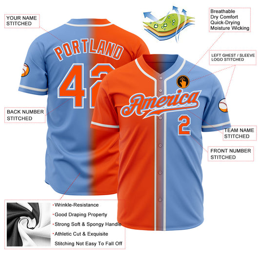Custom Light Blue Orange-White Authentic Gradient Fashion Baseball Jersey - Sky-Custom