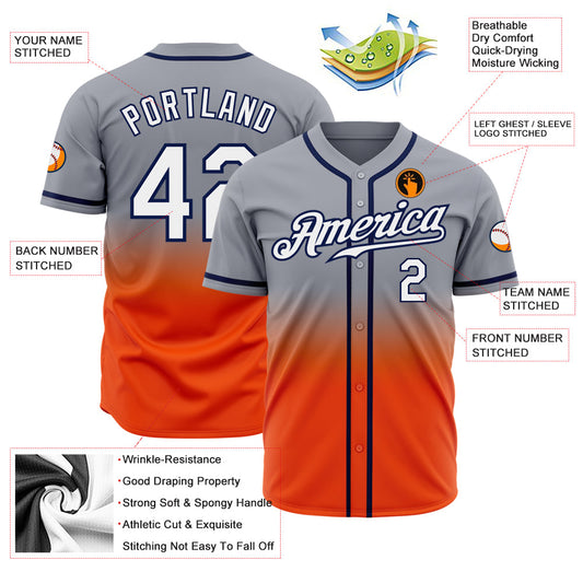 Custom Gray White Orange-Navy Authentic Fade Fashion Baseball Jersey - Sky-Custom