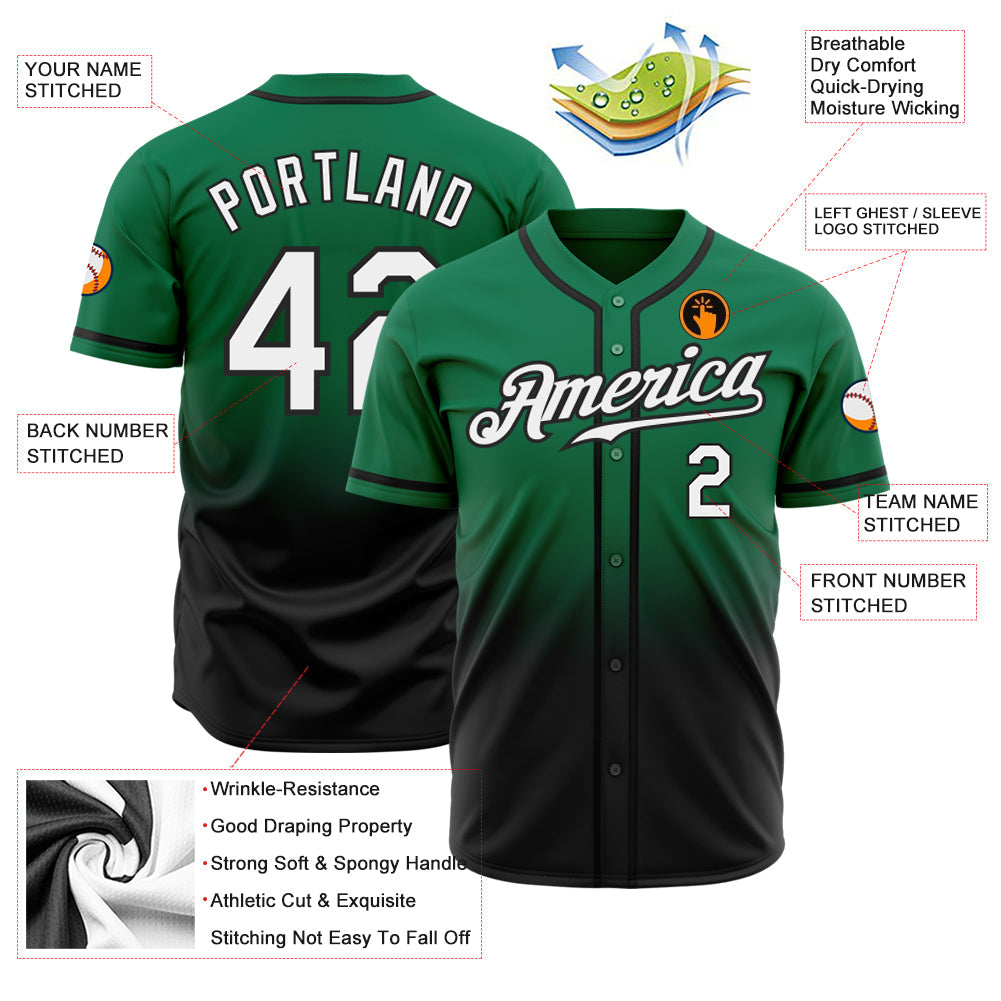 Custom Kelly Green White-Black Authentic Fade Fashion Baseball Jersey - Sky-Custom