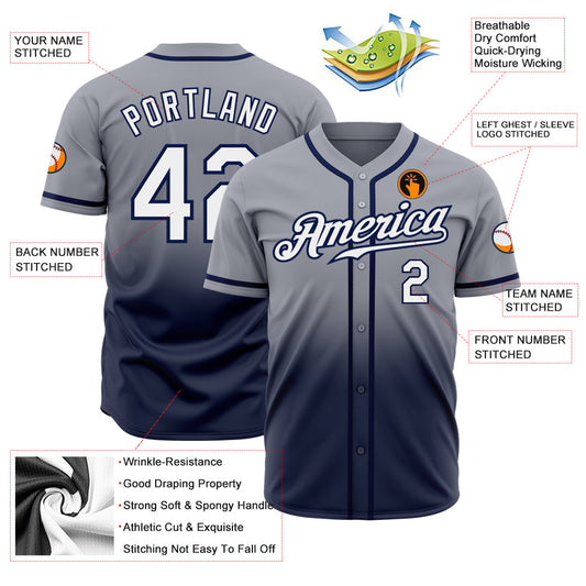 Custom Gray White-Navy Authentic Fade Fashion Baseball Jersey - Sky-Custom