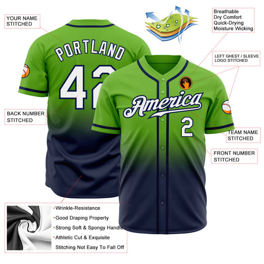 Custom Neon Green White-Navy Authentic Fade Fashion Baseball Jersey - Sky-Custom
