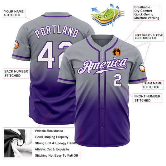 Custom Gray White-Purple Authentic Fade Fashion Baseball Jersey - Sky-Custom