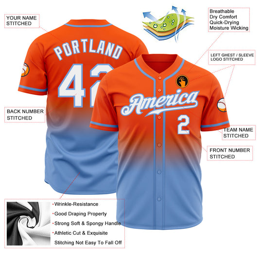 Custom Orange White-Light Blue Authentic Fade Fashion Baseball Jersey - Sky-Custom