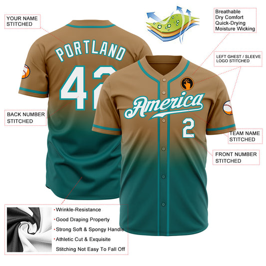Custom Old Gold White-Teal Authentic Fade Fashion Baseball Jersey - Sky-Custom