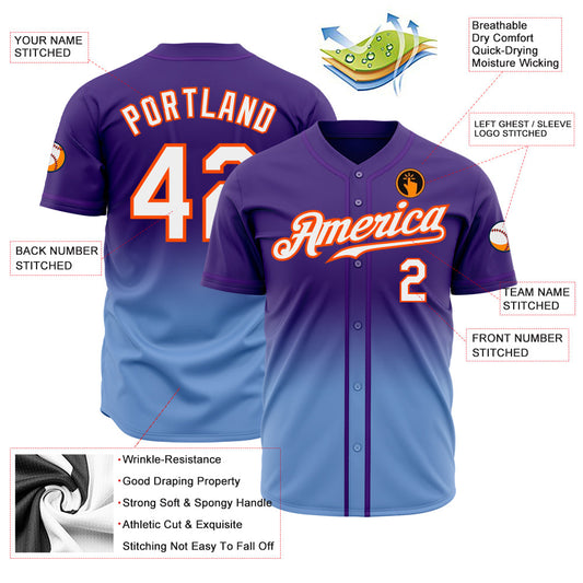 Custom Purple White Light Blue-Orange Authentic Fade Fashion Baseball Jersey - Sky-Custom