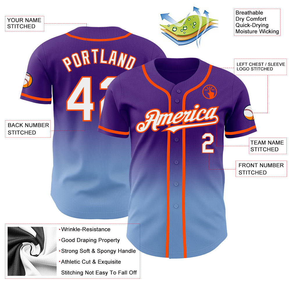 Custom Purple White Light Blue-Orange Authentic Fade Fashion Baseball Jersey - Sky-Custom
