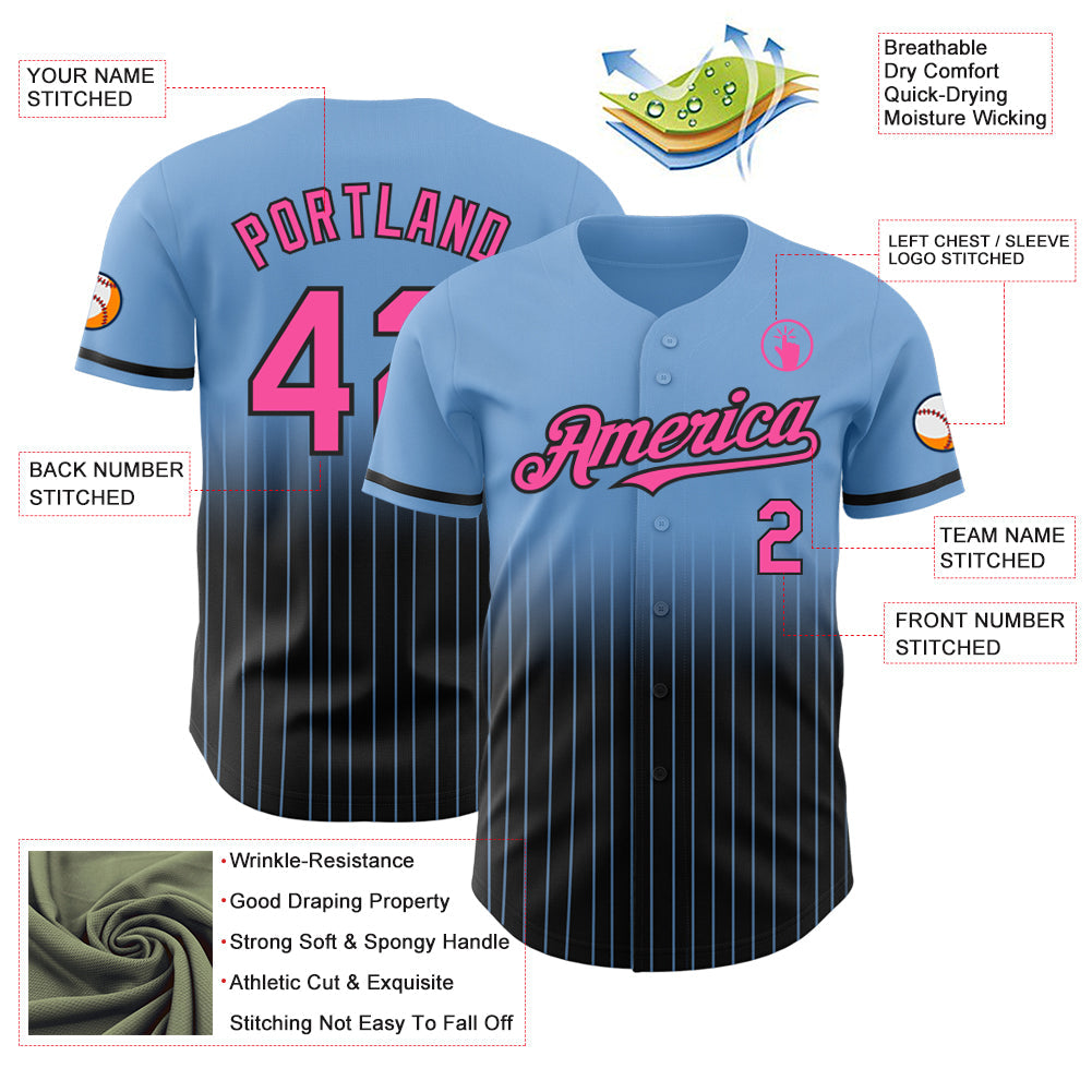 Custom Light Blue Pinstripe Pink-Black Authentic Fade Fashion Baseball Jersey - Sky-Custom