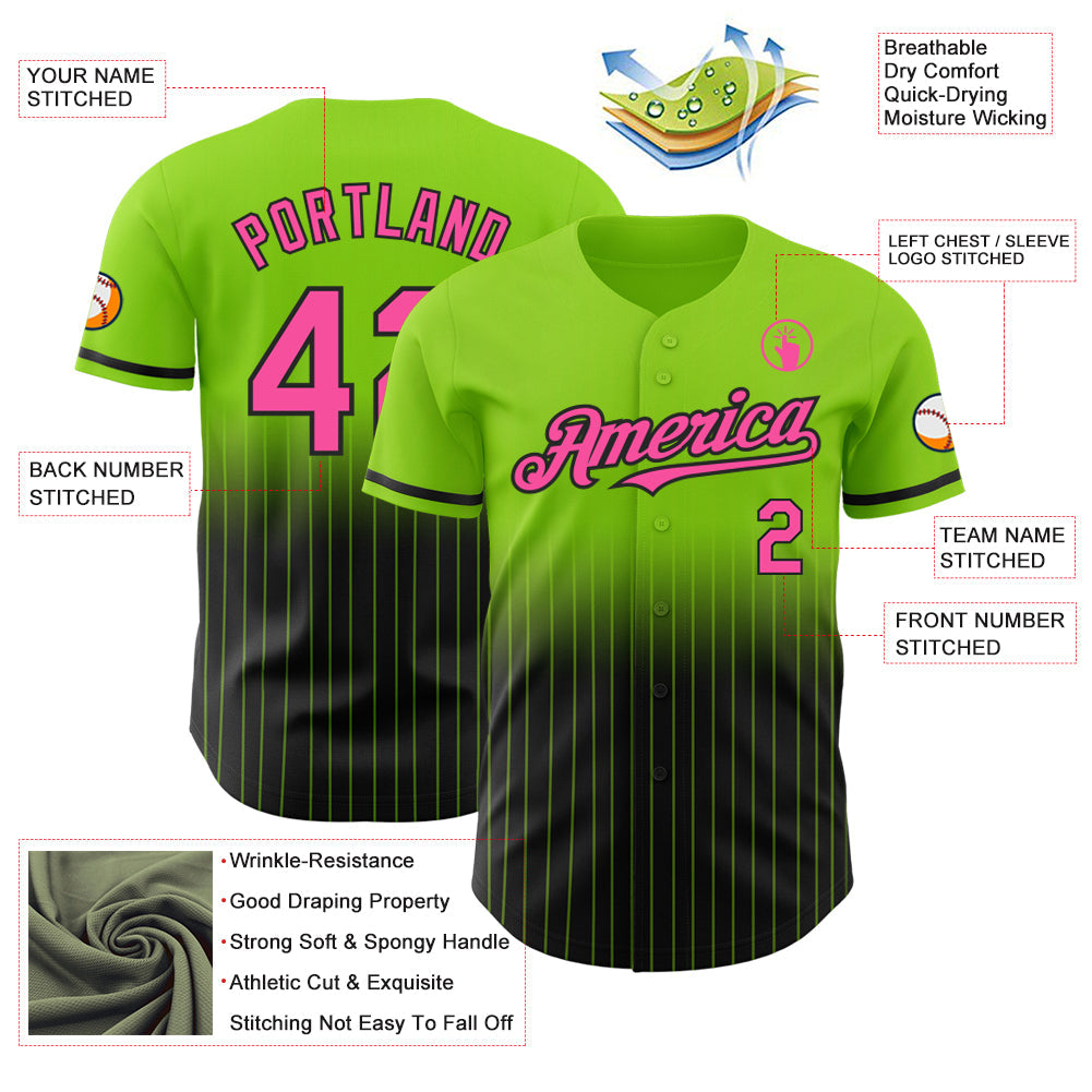 Custom Neon Green Pinstripe Pink-Black Authentic Fade Fashion Baseball Jersey - Sky-Custom