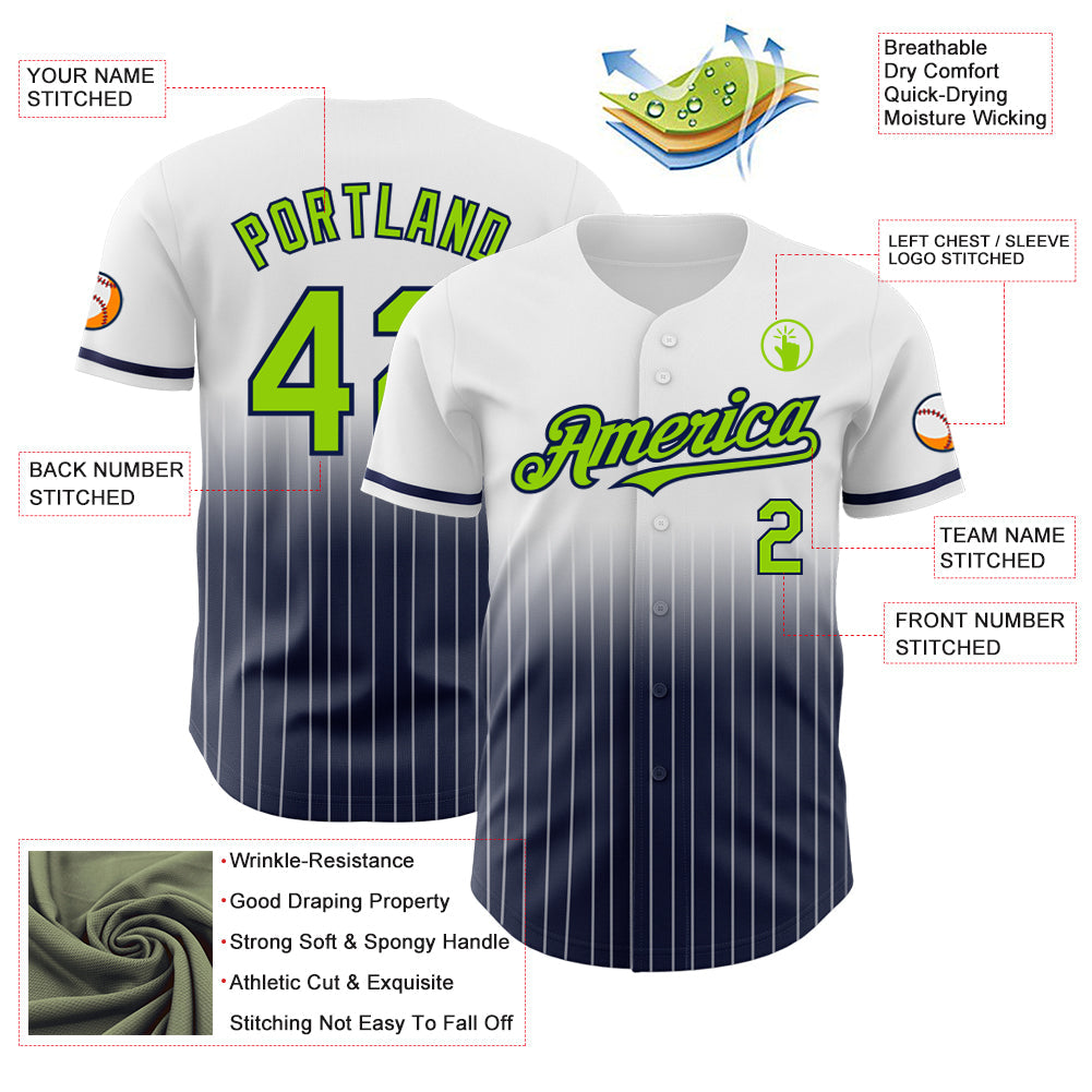 Custom White Pinstripe Neon Green-Navy Authentic Fade Fashion Baseball Jersey - Sky-Custom