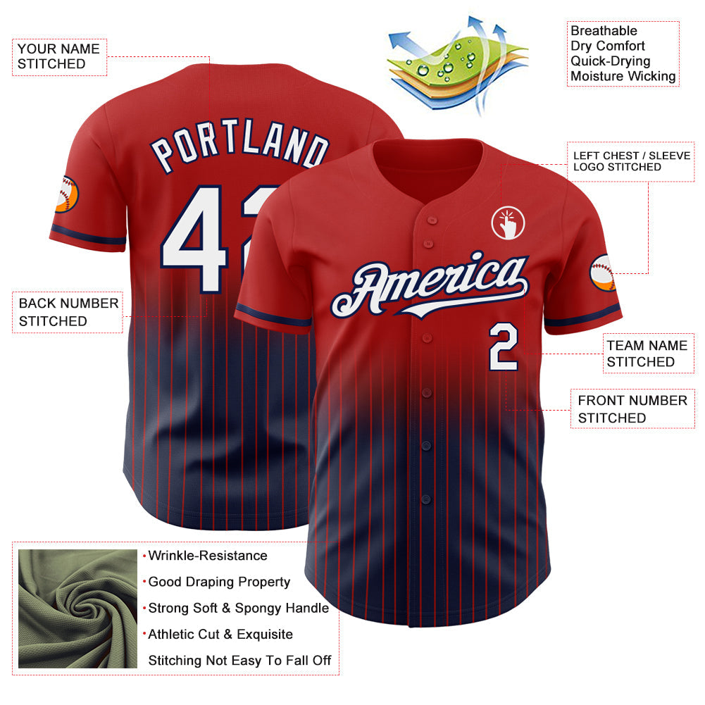 Custom Red Pinstripe White-Navy Authentic Fade Fashion Baseball Jersey - Sky-Custom