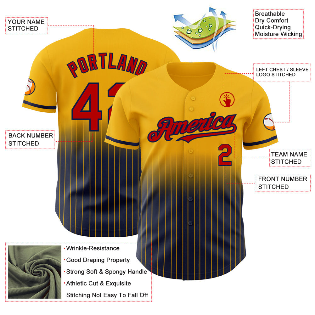 Custom Gold Pinstripe Red-Navy Authentic Fade Fashion Baseball Jersey - Sky-Custom