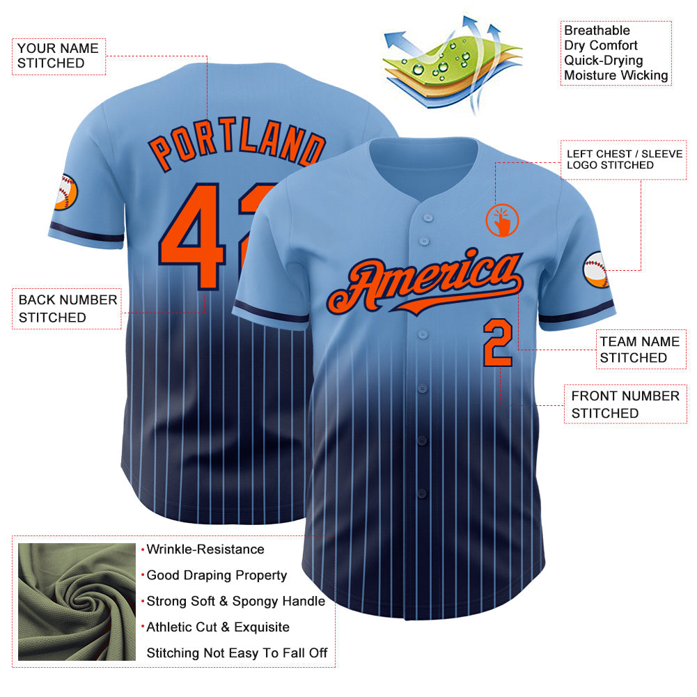Custom Light Blue Pinstripe Orange-Navy Authentic Fade Fashion Baseball Jersey - Sky-Custom