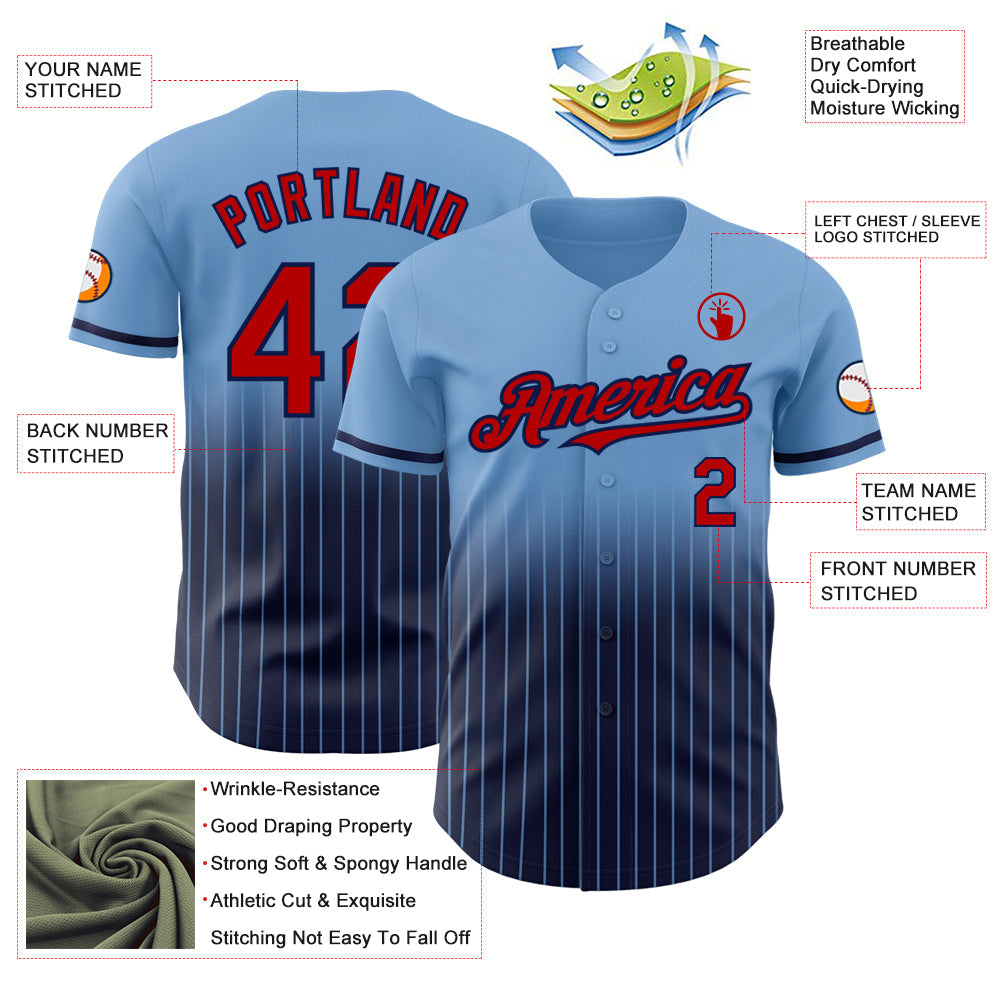Custom Light Blue Pinstripe Red-Navy Authentic Fade Fashion Baseball Jersey - Sky-Custom