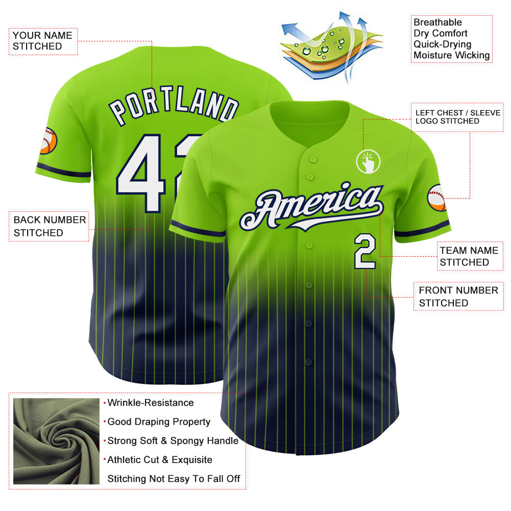 Custom Neon Green Pinstripe White-Navy Authentic Fade Fashion Baseball Jersey - Sky-Custom