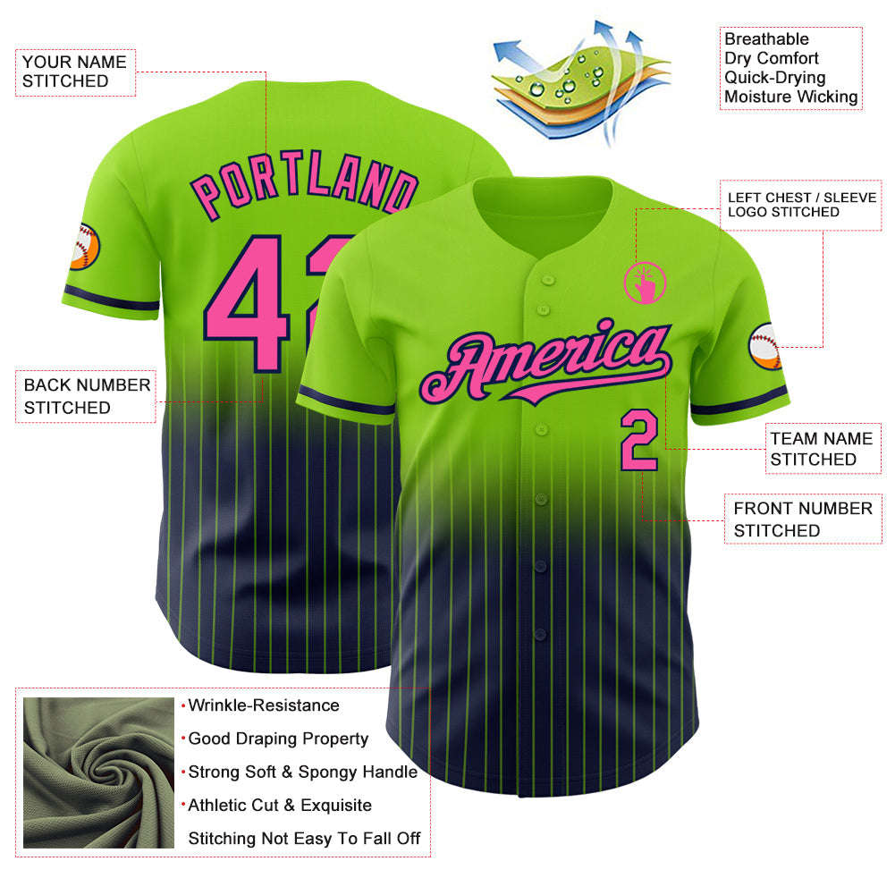 Custom Neon Green Pinstripe Pink-Navy Authentic Fade Fashion Baseball Jersey - Sky-Custom