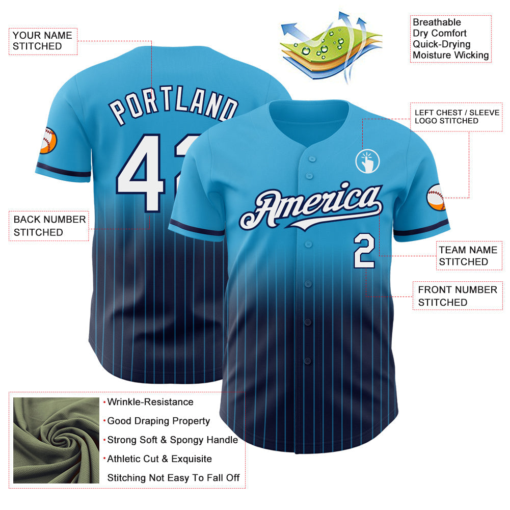 Custom Sky Blue Pinstripe White-Navy Authentic Fade Fashion Baseball Jersey - Sky-Custom