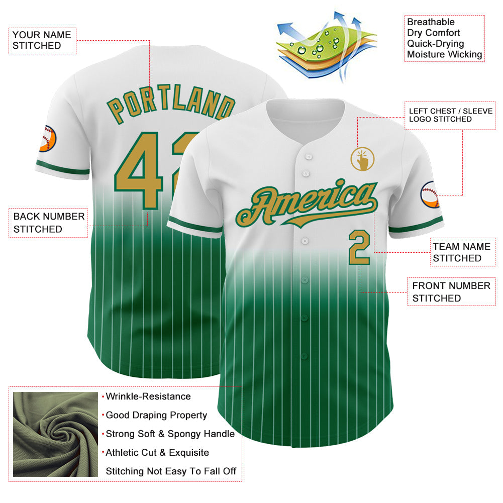 Custom White Pinstripe Old Gold-Kelly Green Authentic Fade Fashion Baseball Jersey - Sky-Custom