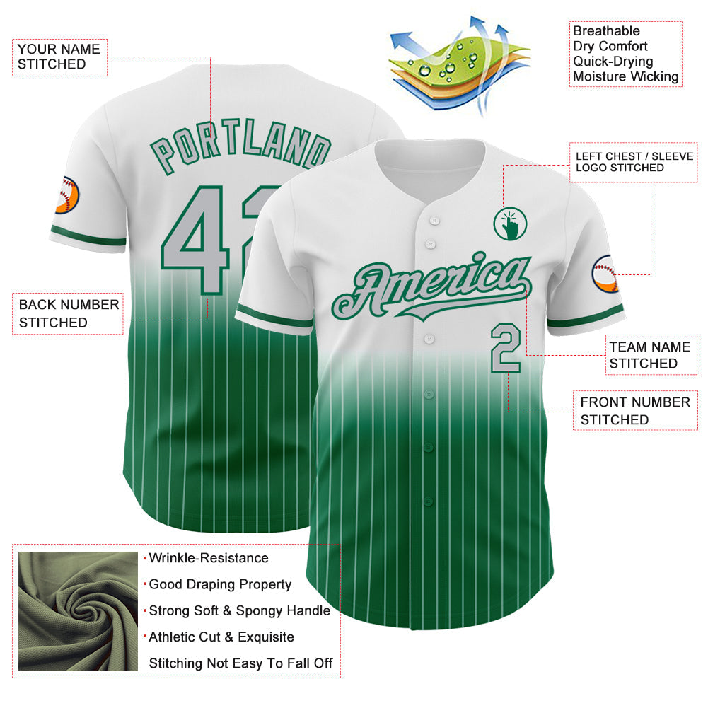 Custom White Pinstripe Gray-Kelly Green Authentic Fade Fashion Baseball Jersey - Sky-Custom
