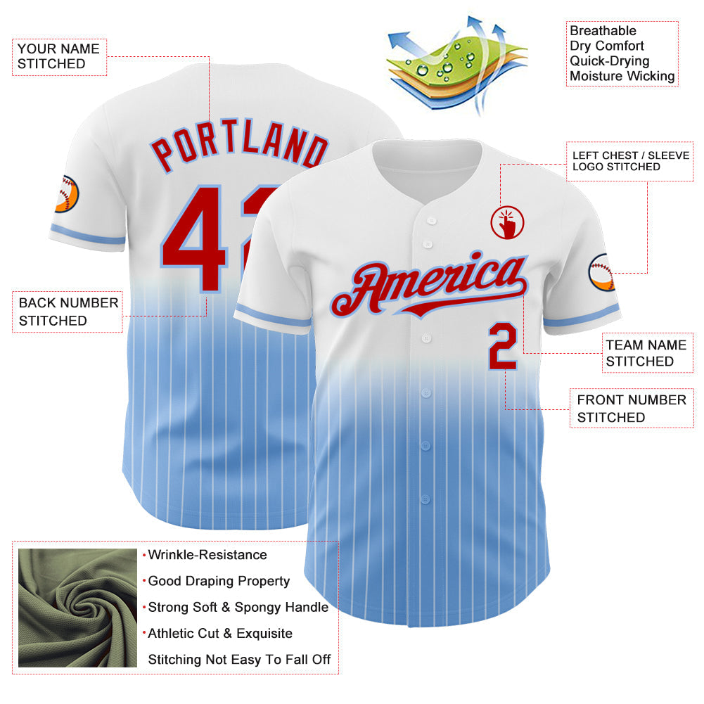 Custom White Pinstripe Red-Light Blue Authentic Fade Fashion Baseball Jersey - Sky-Custom