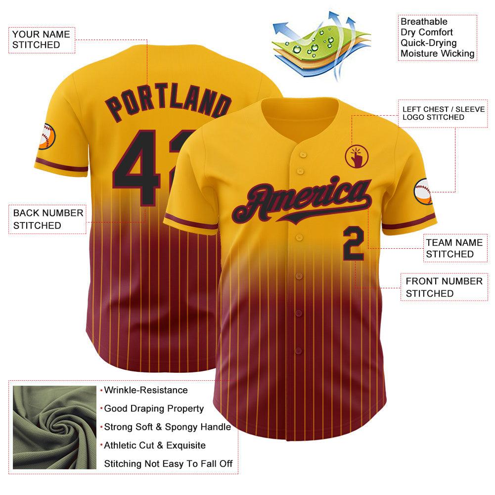Custom Gold Pinstripe Black-Crimson Authentic Fade Fashion Baseball Jersey - Sky-Custom