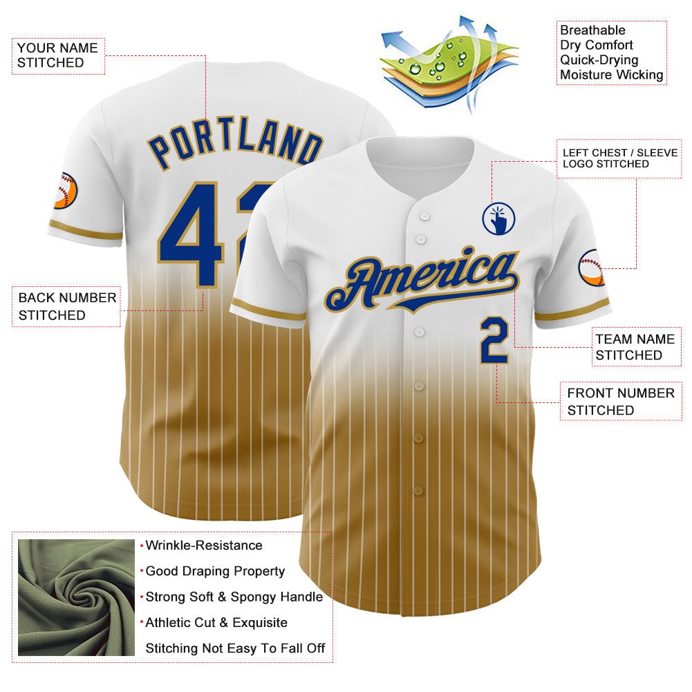 Custom White Pinstripe Royal-Old Gold Authentic Fade Fashion Baseball Jersey - Sky-Custom