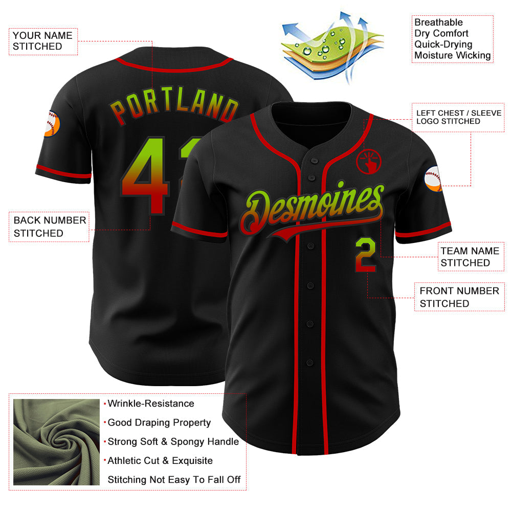 Custom Black Neon Green-Red Authentic Fade Fashion Baseball Jersey - Sky-Custom