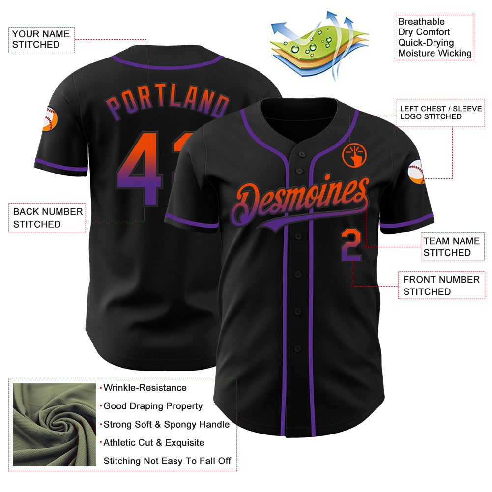 Custom Black Orange-Purple Authentic Fade Fashion Baseball Jersey - Sky-Custom