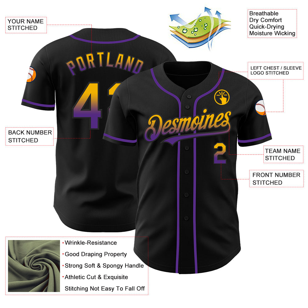 Custom Black Gold-Purple Authentic Fade Fashion Baseball Jersey - Sky-Custom