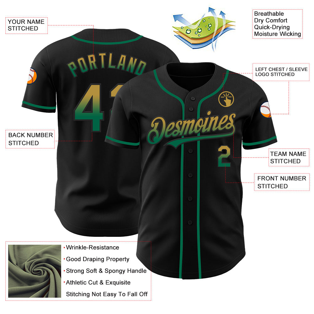 Custom Black Old Gold-Kelly Green Authentic Fade Fashion Baseball Jersey - Sky-Custom
