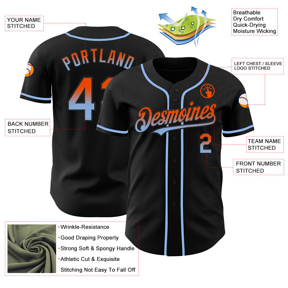 Custom Black Orange-Light Blue Authentic Fade Fashion Baseball Jersey - Sky-Custom