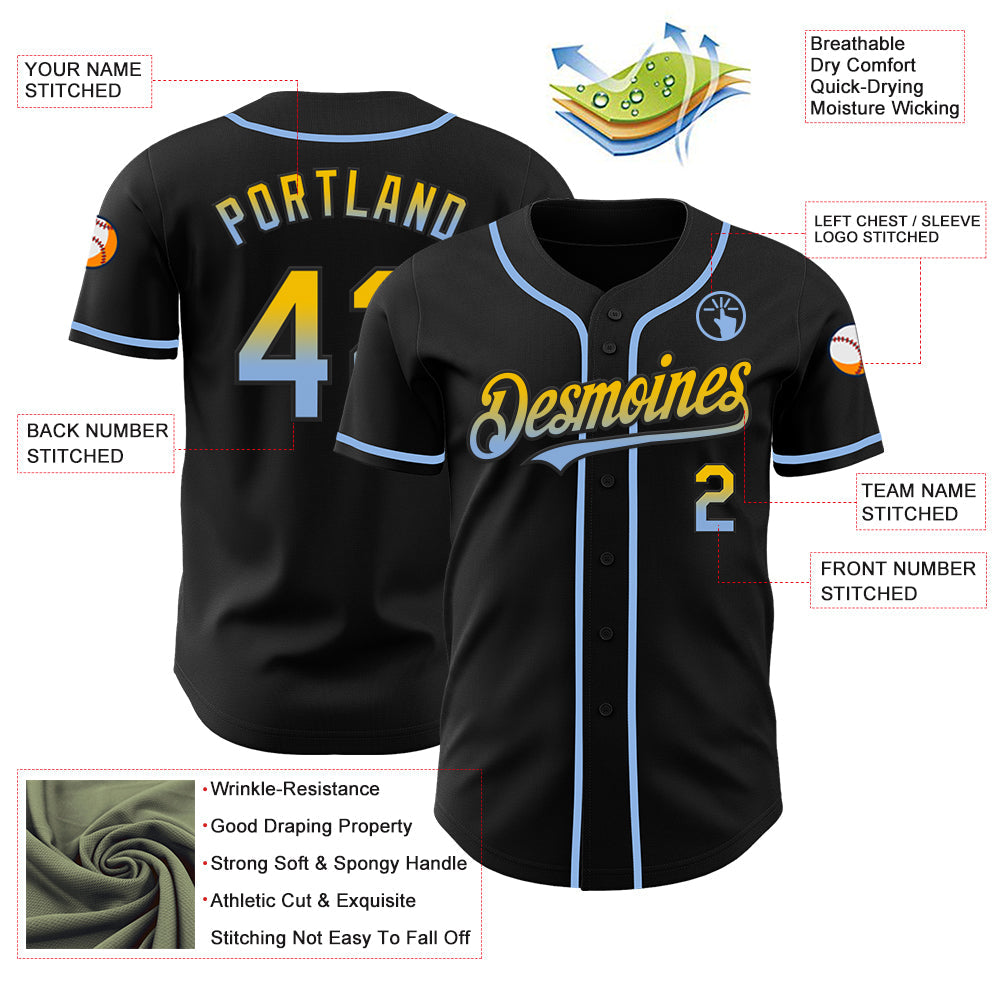 Custom Black Yellow-Light Blue Authentic Fade Fashion Baseball Jersey - Sky-Custom