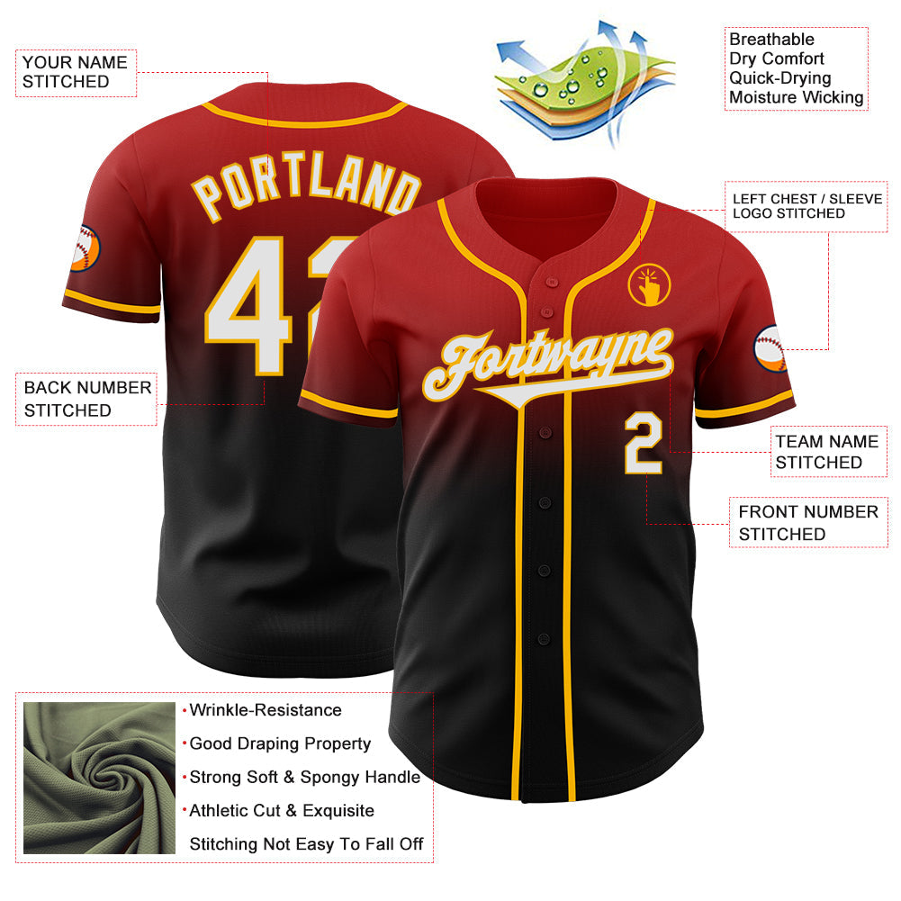 Custom Red Black-Gold Authentic Fade Fashion Baseball Jersey - Sky-Custom