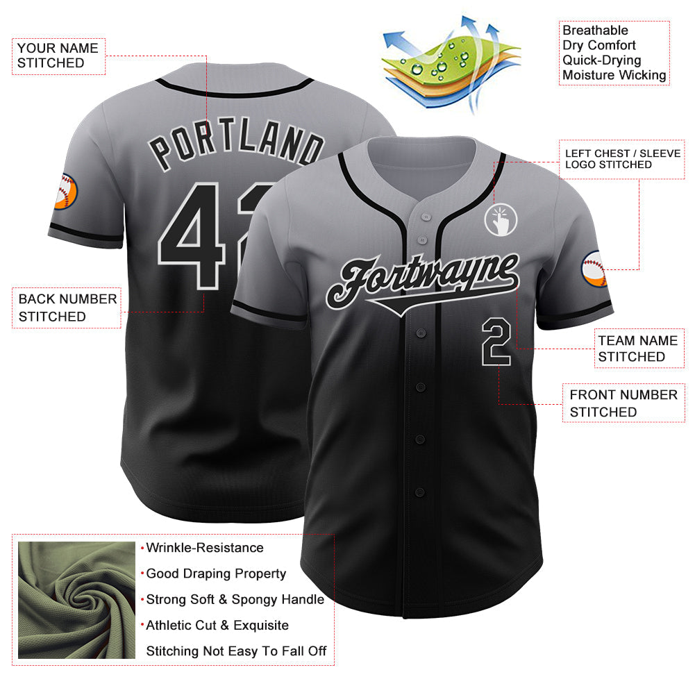 Custom Gray Black-White Authentic Fade Fashion Baseball Jersey - Sky-Custom