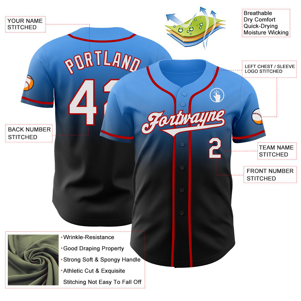 Custom Electric Blue Black-Red Authentic Fade Fashion Baseball Jersey - Sky-Custom