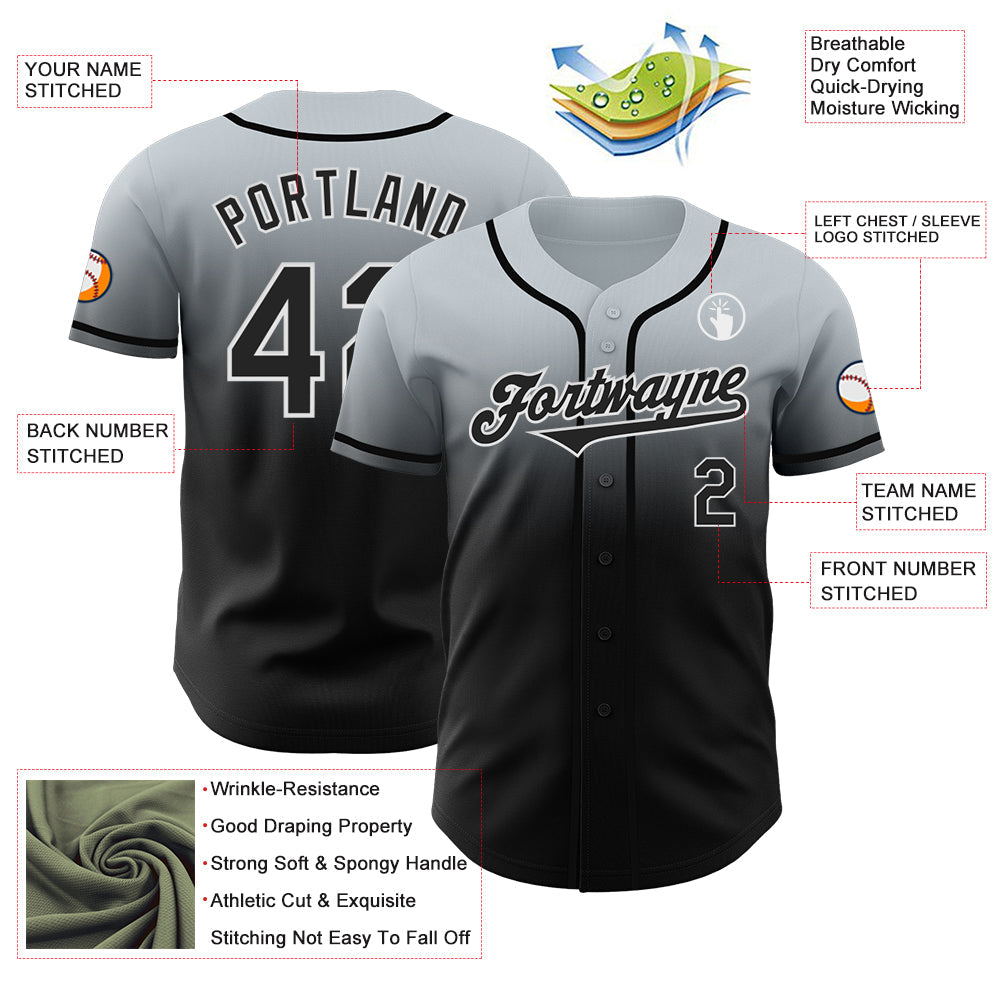 Custom Silver Black-White Authentic Fade Fashion Baseball Jersey - Sky-Custom