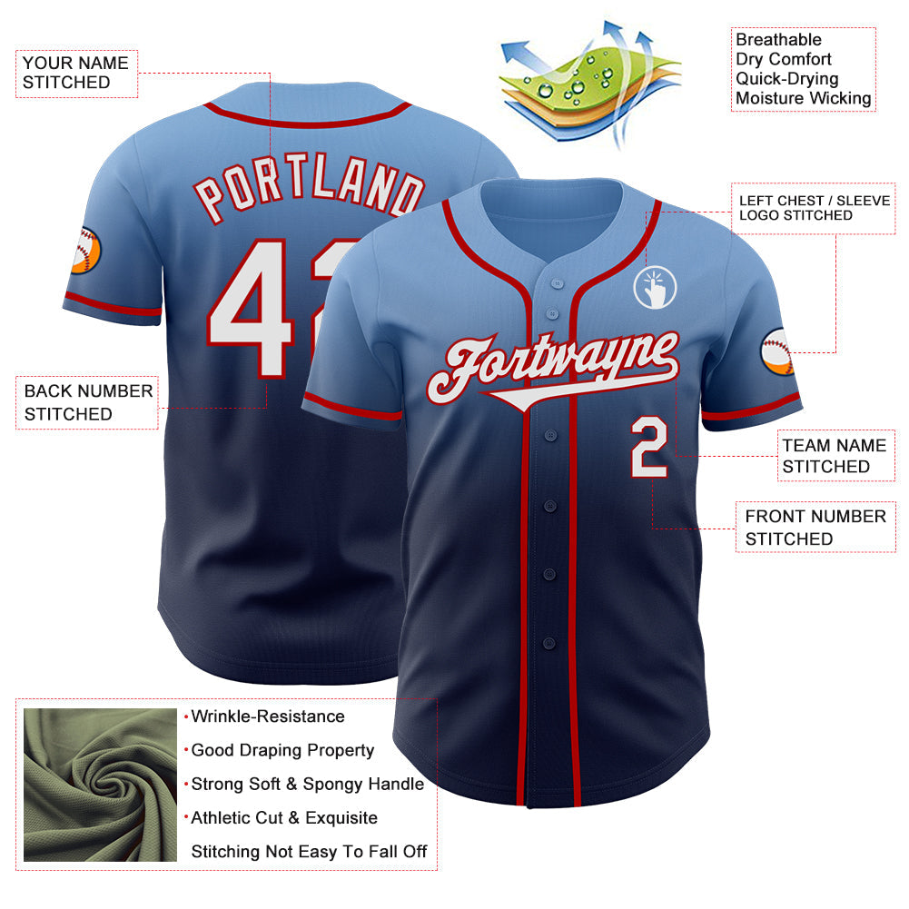 Custom Light Blue Navy-Red Authentic Fade Fashion Baseball Jersey - Sky-Custom