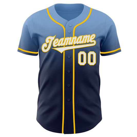 Custom Light Blue Navy-Yellow Authentic Fade Fashion Baseball Jersey - Sky-Custom