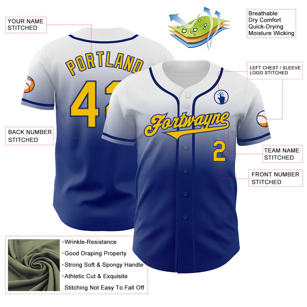 Custom White Yellow-Royal Authentic Fade Fashion Baseball Jersey - Sky-Custom