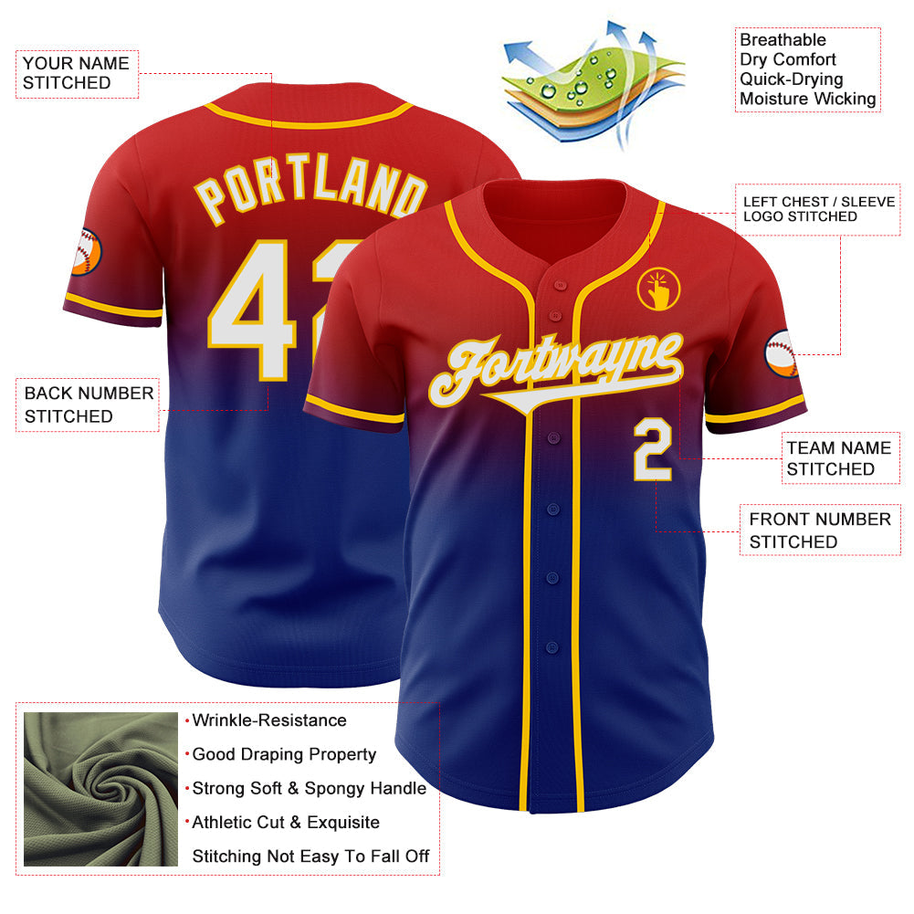 Custom Red White Royal-Yellow Authentic Fade Fashion Baseball Jersey - Sky-Custom