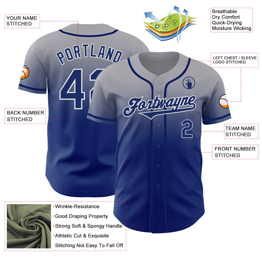 Custom Gray Royal-White Authentic Fade Fashion Baseball Jersey - Sky-Custom