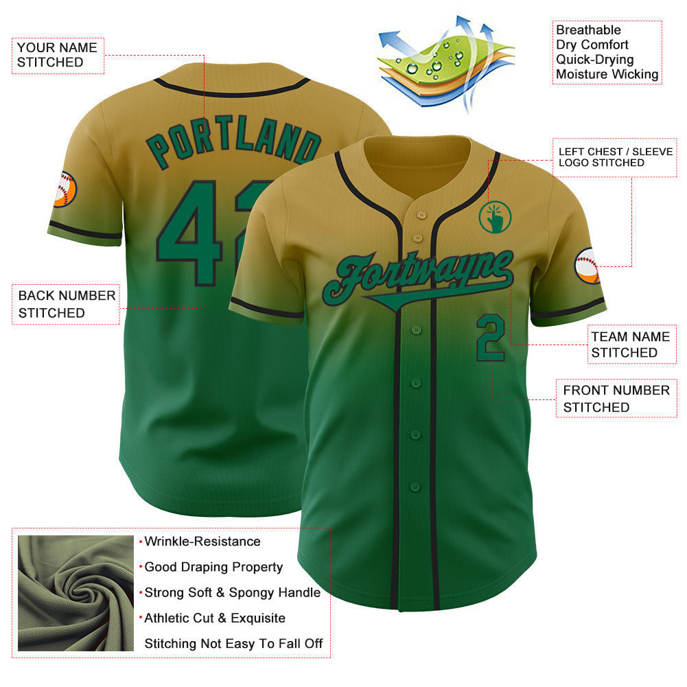Custom Old Gold Kelly Green-Black Authentic Fade Fashion Baseball Jersey - Sky-Custom