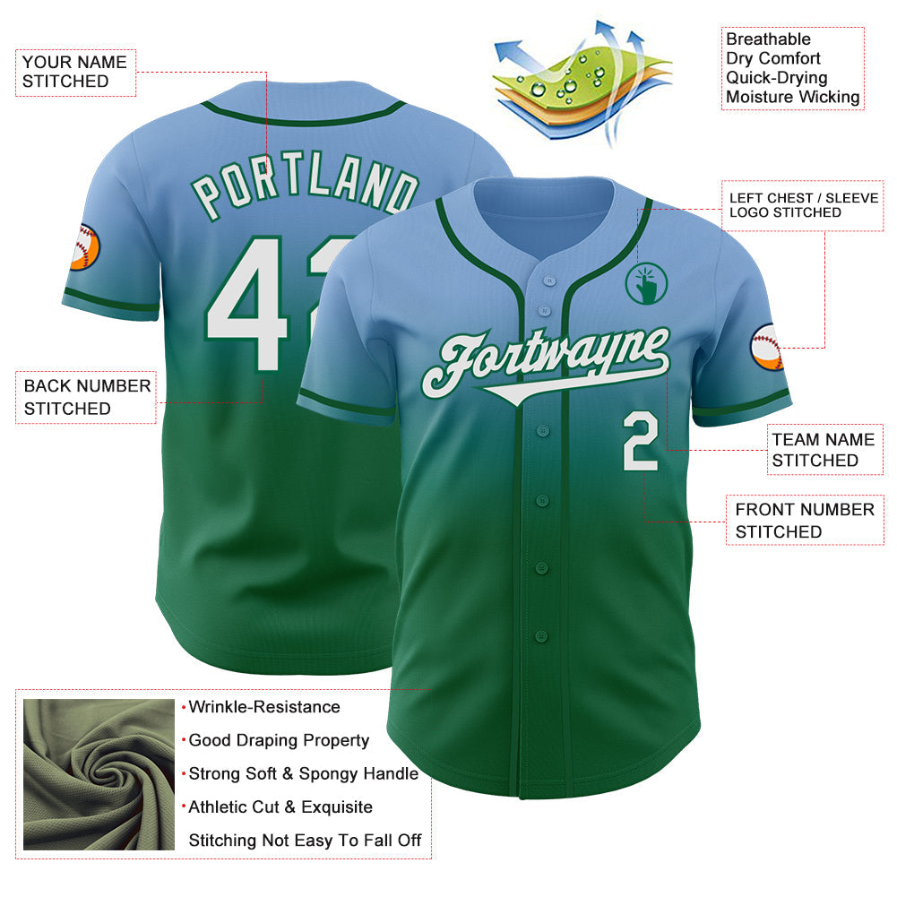 Custom Light Blue White-Kelly Green Authentic Fade Fashion Baseball Jersey - Sky-Custom