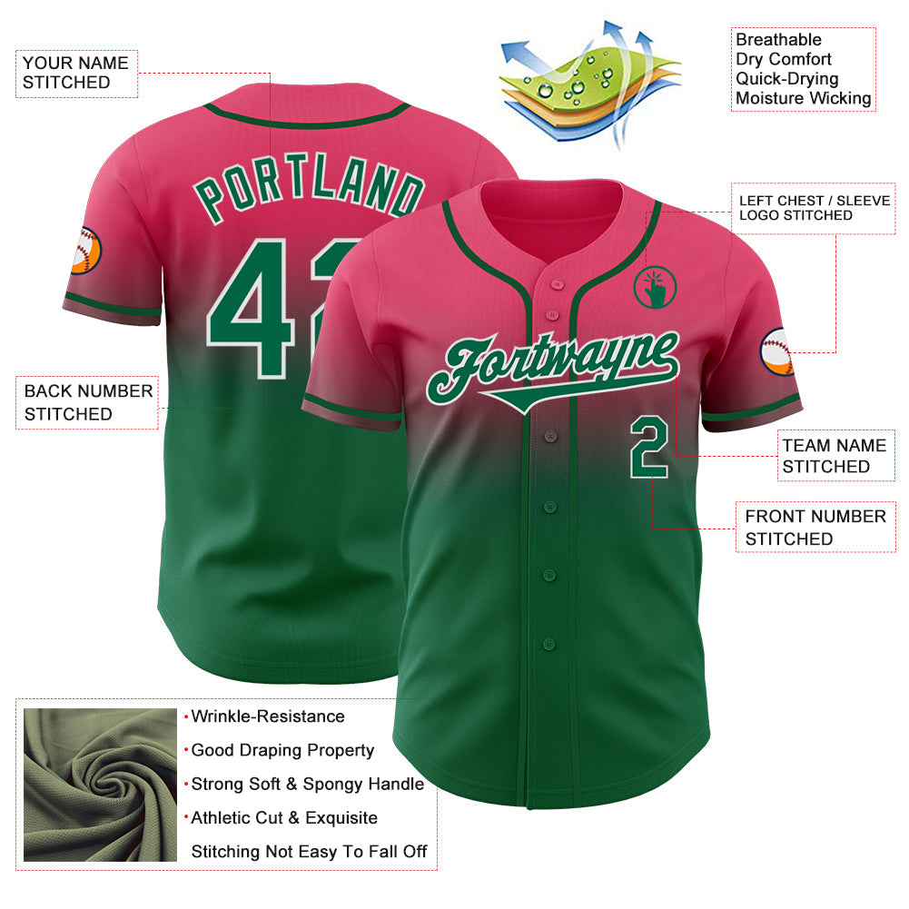 Custom Neon Pink Kelly Green-White Authentic Fade Fashion Baseball Jersey - Sky-Custom